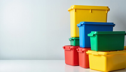 Colorful stacked plastic storage bins in green, blue, yellow, and red on a clean white surface, representing the concept of waste management services or organization solutions.