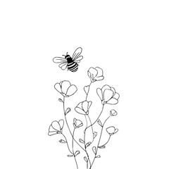Bee flying over wildflowers drawing vector illustration line art design for prints and decoration one hundred