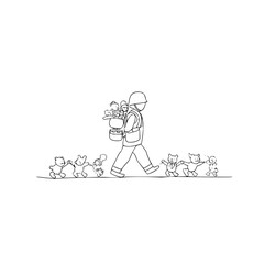 Obraz premium Illustration of soldier walking with toys and teddy bears in black and white line art style drawing vector