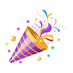 Colorful party popper vector with golden cone, flying confetti and streamers for celebration and festive design