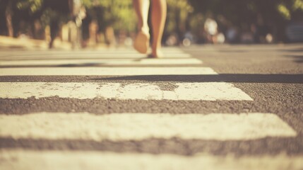 Pedestrian's Feet Crossing Street on Zebra Crossing with Shallow Depth of Field