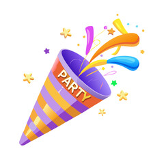 Colorful party popper vector with golden cone, flying confetti and streamers for celebration and festive design