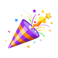 Colorful party popper vector with golden cone, flying confetti and streamers for celebration and festive design
