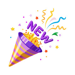 Colorful party popper vector with golden cone, flying confetti and streamers for celebration and festive design