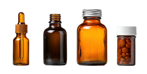 Four amber glass containers, displaying various closures.  A dropper bottle, a small round bottle, a larger rectangular bottle, and a small jar filled with pills