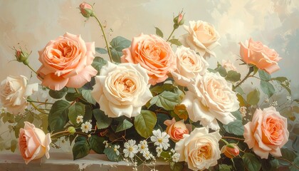 Ethereal floral arrangement showcasing a collection of peach and white roses