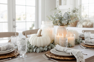 Minimalist Thanksgiving decor brings warmth to dining table with neutral colors for an inviting Friendsgiving celebration