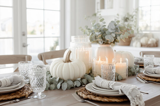 Minimalist Thanksgiving decor brings warmth to dining table with neutral colors for an inviting Friendsgiving celebration