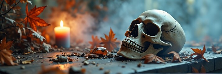 Halloween skull on autumn leaves with candle in misty forest setting
