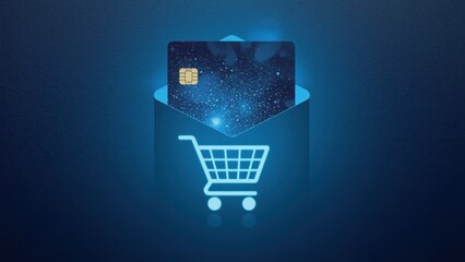 Credit card payment concept showing digital transaction with shopping cart symbol, e-commerce business, online shopping, secure checkout, finance technology background, blue glowing design, retail in