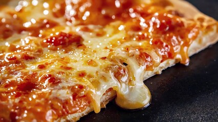 Cheesy pizza slice pulling with melted mozzarella on black background perfect for Italian food menus, party flyers, cooking blogs, fast food ads, cozy dinner scenes, warm golden brown colors