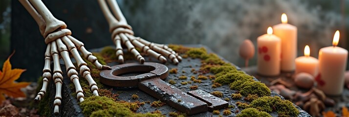 Naklejka premium Skeleton hands and rusty key on moss-covered stone with candles in mysterious forest setting