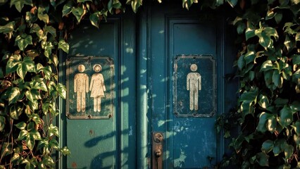 Rustic door showing restroom signs with ivy greenery frame, vintage style, outdoor public space, nature ambiance, travel, tourism, urban exploration, heritage, old charm, blue texture, summer mood, c