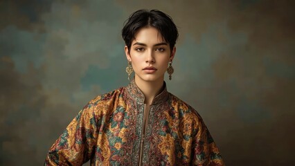 Fashion model wearing embroidered ethnic jacket showcasing traditional style, perfect for cultural events, fashion magazines, portrait photography with warm muted background and artistic mood