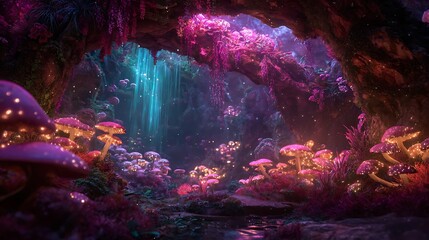 Fototapeta premium Magical fantasy landscape of an enchanted cave with glowing mushrooms and a waterfall of light.
