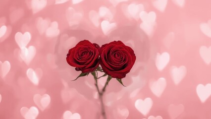 Red roses blooming with heart-shaped bokeh background, perfect for Valentine's Day, romantic occasions, love celebrations, weddings, greeting cards, and pink dreamy ambiance with soft light