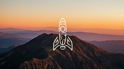 Rocket launching flying over mountain landscape during colorful sunset sky for adventure travel explorer concept background