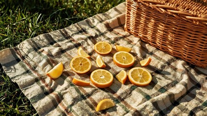 Fresh oranges sliced on checkered picnic blanket with wicker basket outdoors summertime citrus fruit healthy snack nature scene background