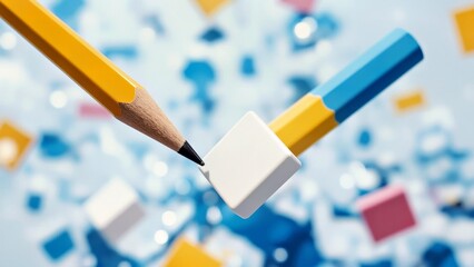 Close-up pencils drawing geometric shapes and cubes in abstract digital art creation, graphic design concept for creativity, education, technology, innovation background, modern minimal style