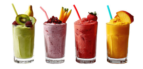 Four colorful smoothies in clear glasses, garnished with fresh fruit