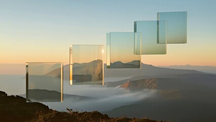 Transparent glass blocks ascending over mountain landscape at sunset for design, decoration, technology, advertising, and abstract backgrounds with soft warm colors and misty atmosphere
