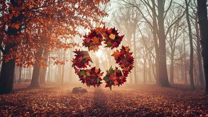 Autumn wreath floating in mystical foggy forest scene perfect for Halloween Thanksgiving fall decor backgrounds and seasonal greetings with warm natural colors and moody atmosphere