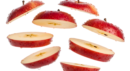 Assorted Slices of Red Apple with Water Droplets Keywords: apple, red apple, fruit, slices