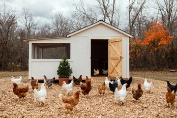  A charming chicken coop in a rural setting, featuring a white wooden structure, free-ranging chickens, and autumn leaves against a cloudy sky