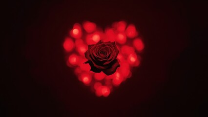 Red rose glowing against heart-shaped bokeh lights, romantic love concept for Valentine's Day, wedding invitation, anniversary card with dark background and warm red tones ambiance