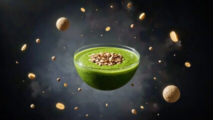 Green smoothie bowl topped with granola floating in dark background, healthy breakfast concept, vegan diet ideas, food blog, nutrition promotion, energetic morning inspiration, vibrant colors, health