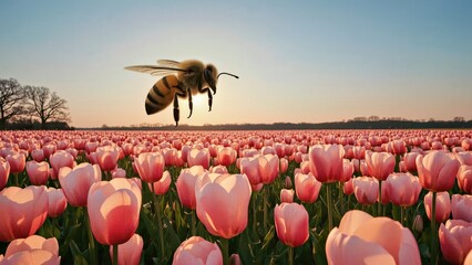 Honeybee flying over tulip field at sunset, spring flower garden photo for nature lovers, agriculture, pollination concept, vibrant colors, rural landscape, outdoor scenery, bees and blossoms, enviro