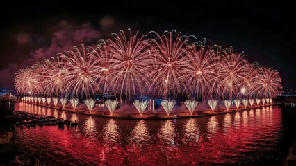 Spectacular fireworks display lighting night sky over river reflection for celebration event festival party background holiday decoration vibrant colors excitement