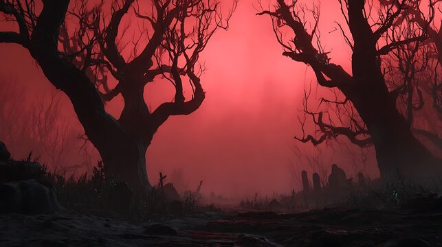 Dark and moody, atmospheric fantasy landscape of a spooky graveyard with a giant gnarled tree under a red sky.