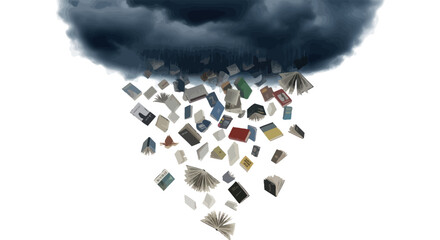 An imaginative representation of book avalanche from a brooding dark cloud aloft