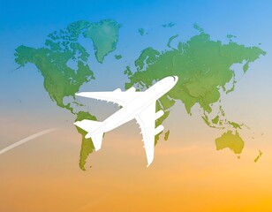 World map with airplane in sunset sky