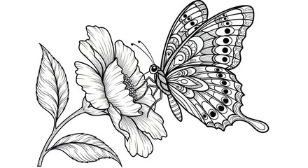 Intricate butterfly resting delicately on a flower with detailed linework for coloring therapy and