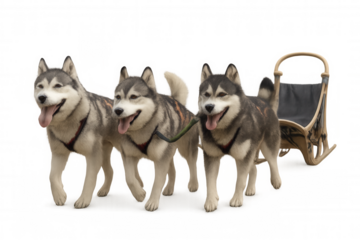Alaskan huskies pulling wooden sled, winter scene with transparent background, highlighting canine teamwork and snowy adventure