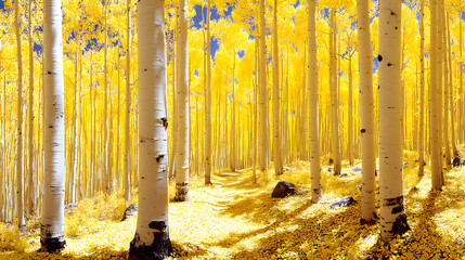 Vivid golden aspen forest during autumn season highlighting vibrant colors and serene pathways in a tranquil outdoor setting