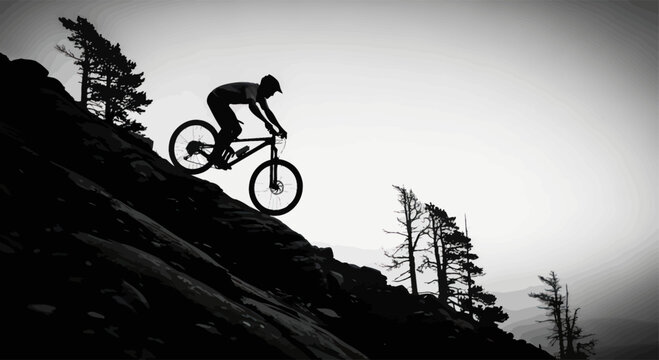 Monochrome mountain biking adventure: Cyclist explores rugged terrain in grayscale image showing