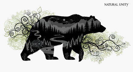Silhouette of a bear filled with forest landscape with cabin in the wilderness © Roni