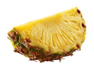 Close-up of a pineapple wedge.  Fresh, vibrant yellow flesh,  with a slightly browned edge.  Visible fibrous structure.  Against a black background
