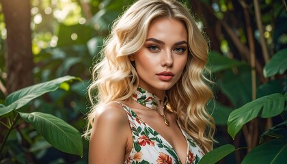 Fototapeta premium Ethereal beauty with sun-kissed hair amidst lush tropical foliage