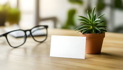 Minimalist business card on wooden desk with green plant and eyeglasses. Clean white card for branding, copy space