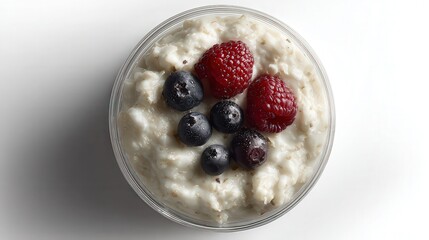 A close-up view of a creamy bowl of oatmeal topped with an assortment of fresh berries, ideal for recipes, health articles, or breakfast promotion materials