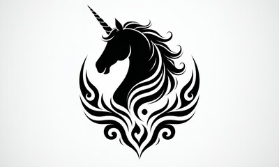 Elegant Black Unicorn Silhouette with Ornamental Design on White Background