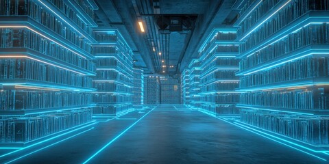 Futuristic Server Room with Blue Neon Lights, Data Storage and Processing Center Concept