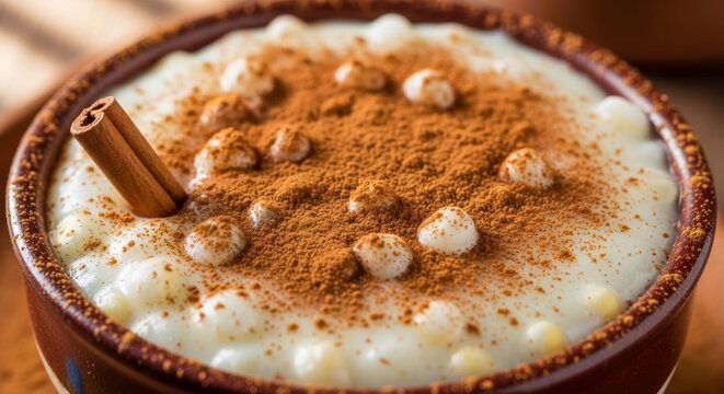 Close up of mazamorra morada in a bowl with cinnamon and a cinnamon stick