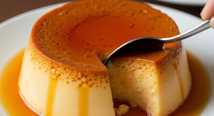 A caramel flan on a white plate being eaten with a spoon close up view shot