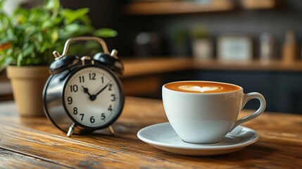 White coffee cup with black liquid and alarm clock on wooden table, copy space for text, commercial use