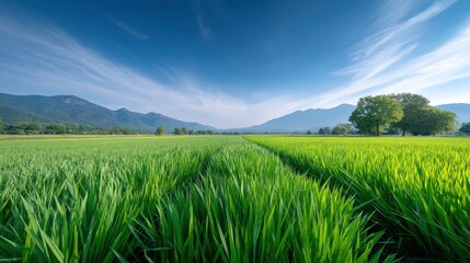 Lush Green Rice Fields with Mountains and Vibrant Blue Sky Landscape Photography